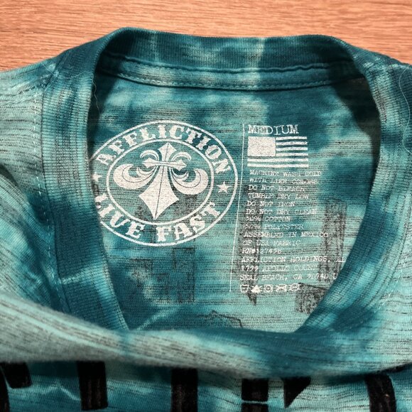 Men's Affliction Freedom Defender Shirt MEDIUM Teal Tie Dye Skull Snake Rocker - Picture 5 of 6